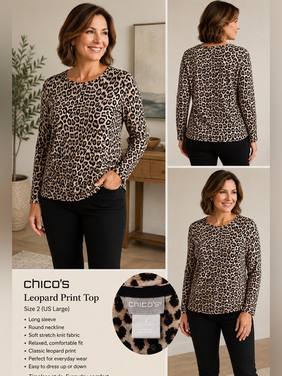 Chico's Tops - Chico’s Leopard Print Top Women’s Size 2 US Large Long Sleeve‎ Stretch Knit